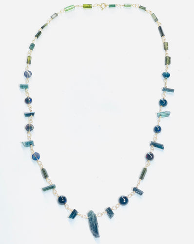Necklace with indigo Tourmaline & black Ethiopian opals