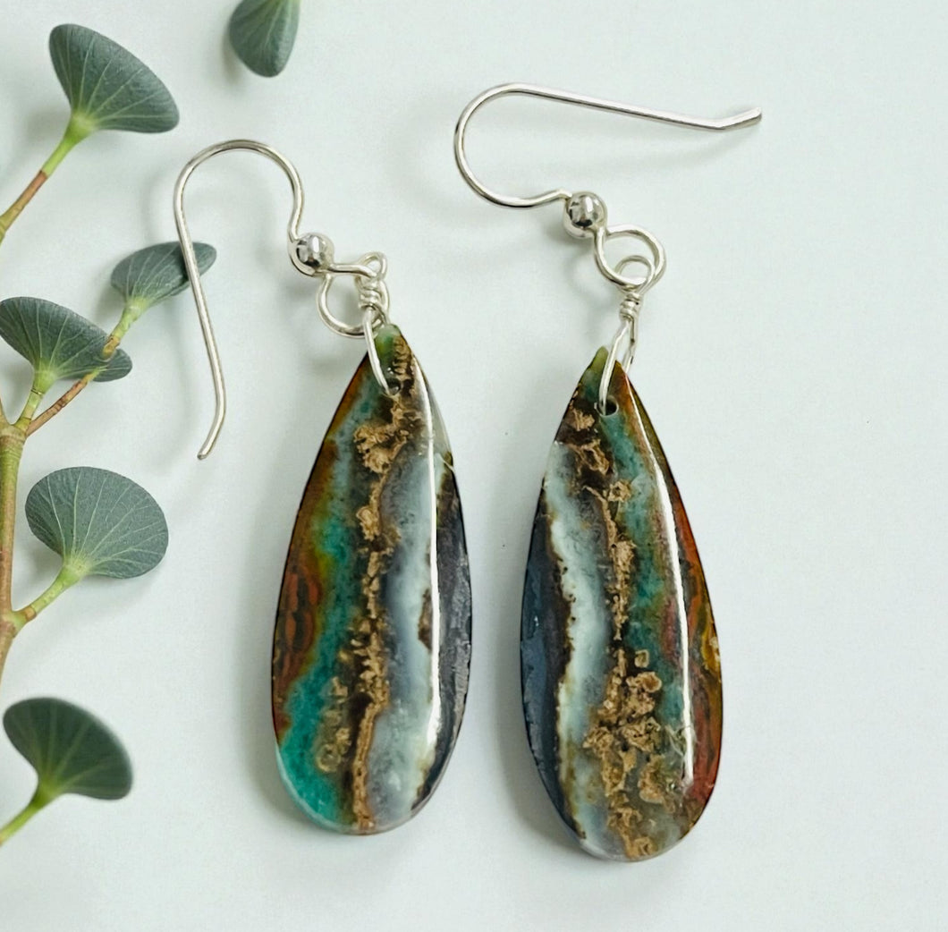 Earrings with multi-color opalized wood