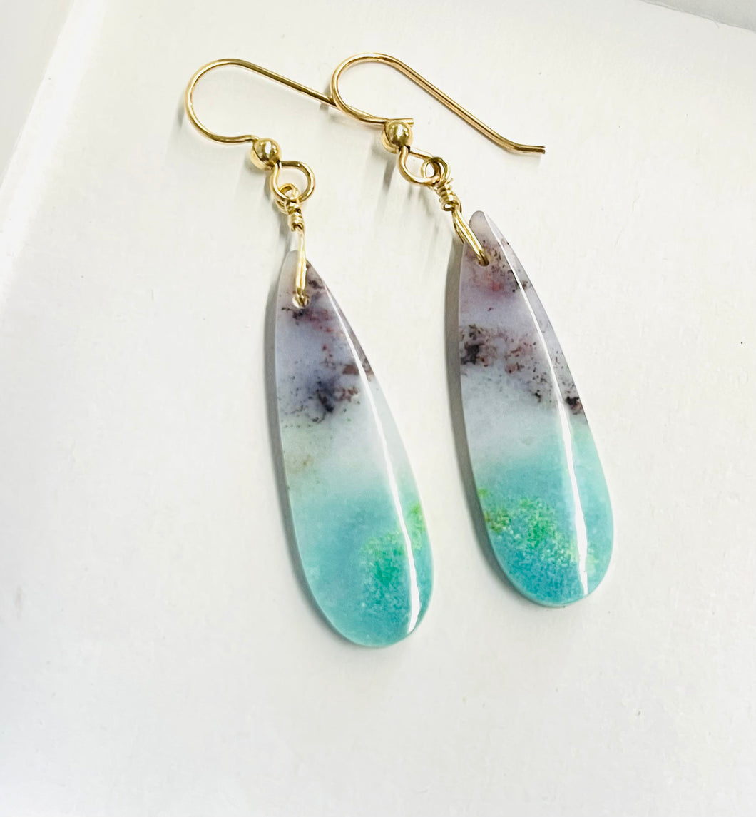 Earrings with crystalized green opalized wood