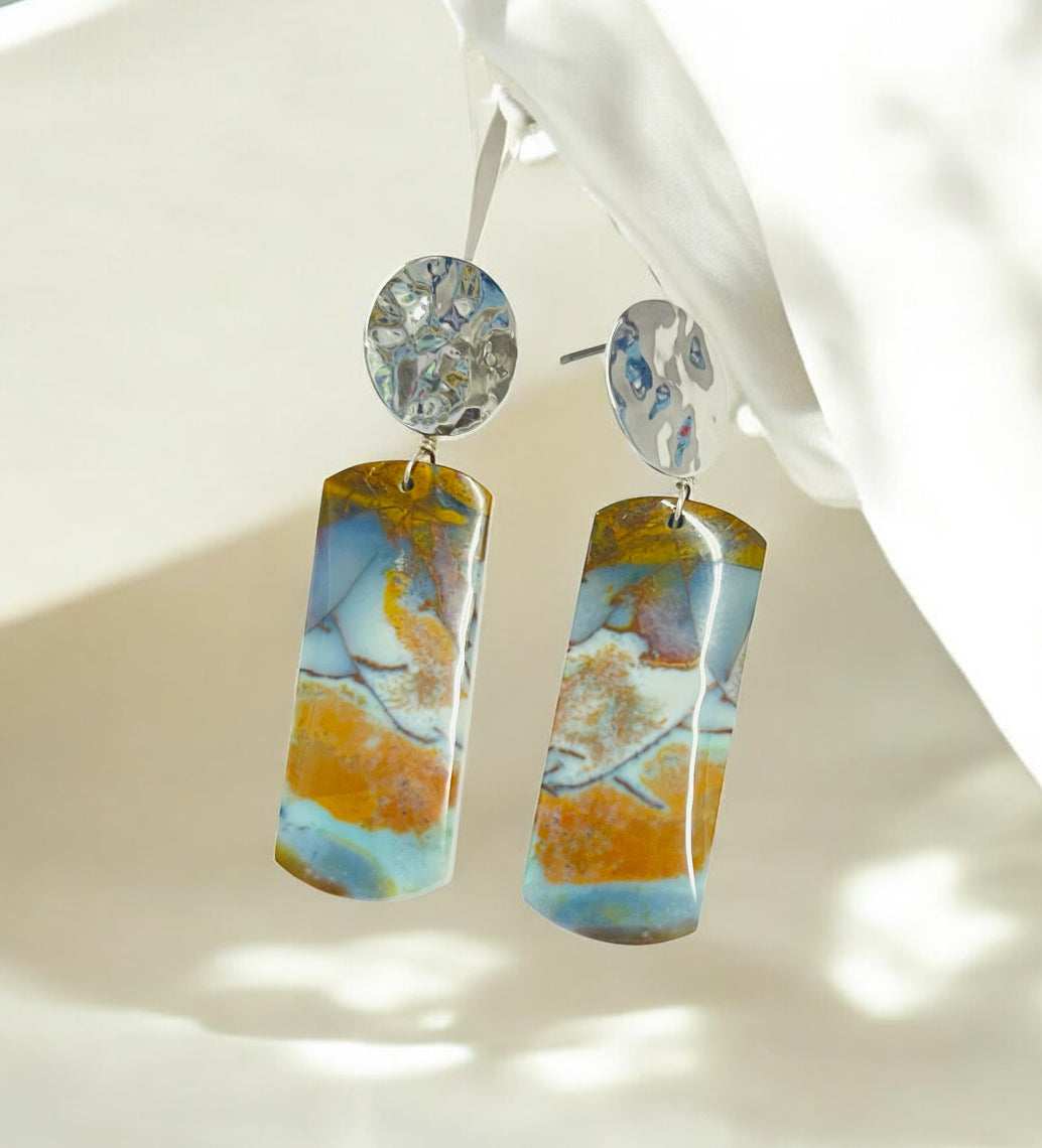 Earrings with grey, light blue and brown opalized wood