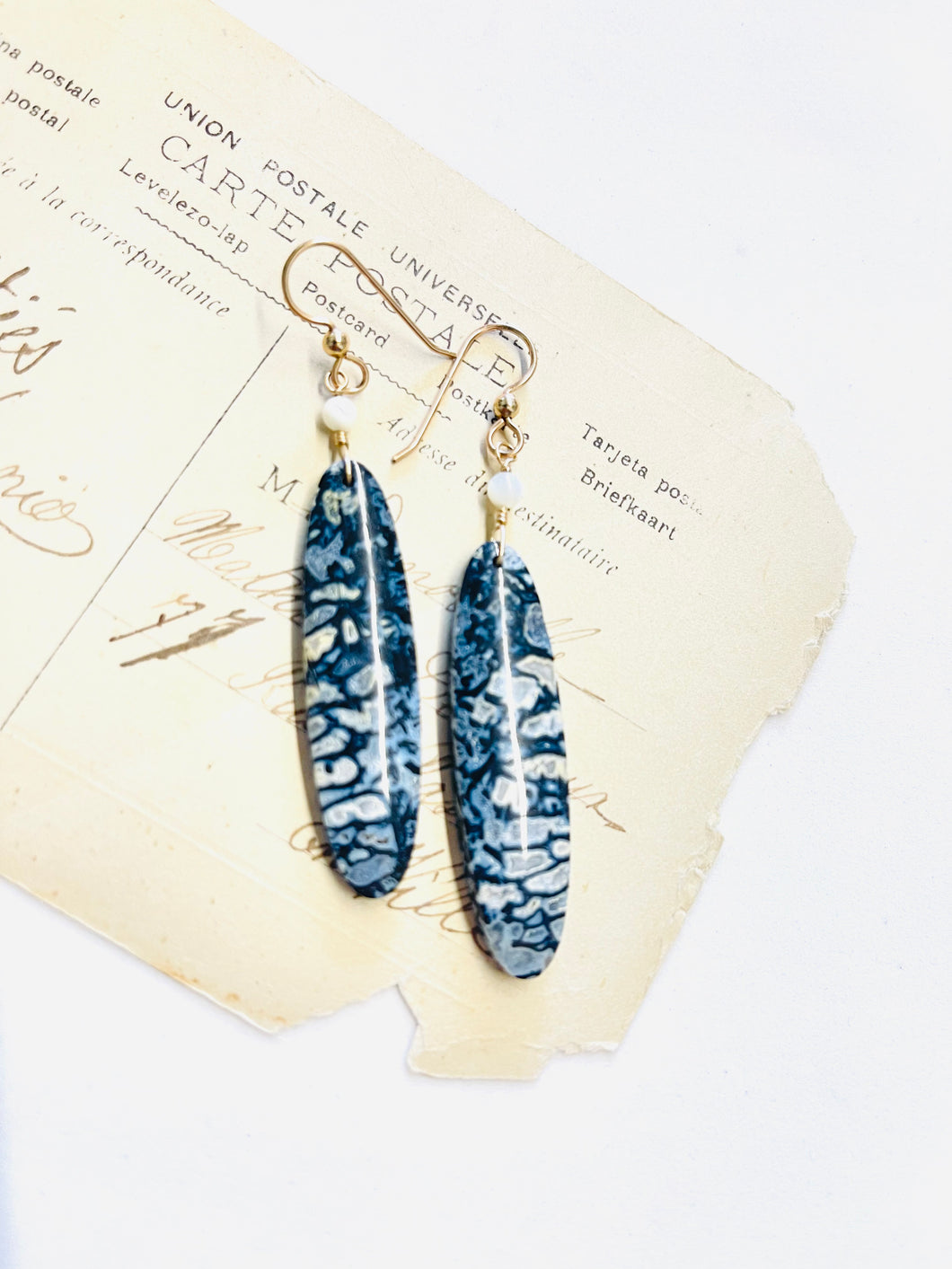 Earrings with long black petrified beads