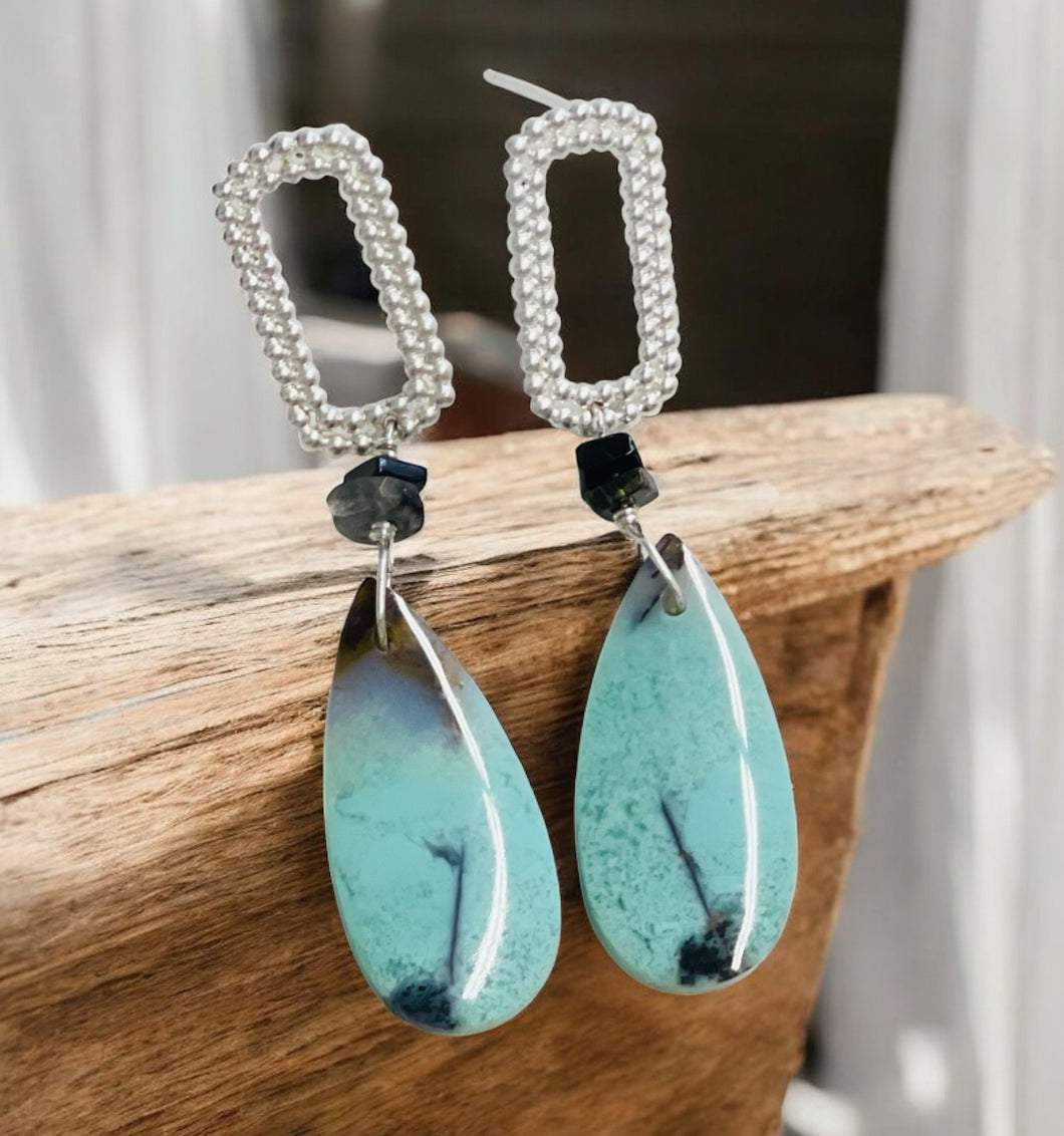 Earrings with blue petrified opalized wood
