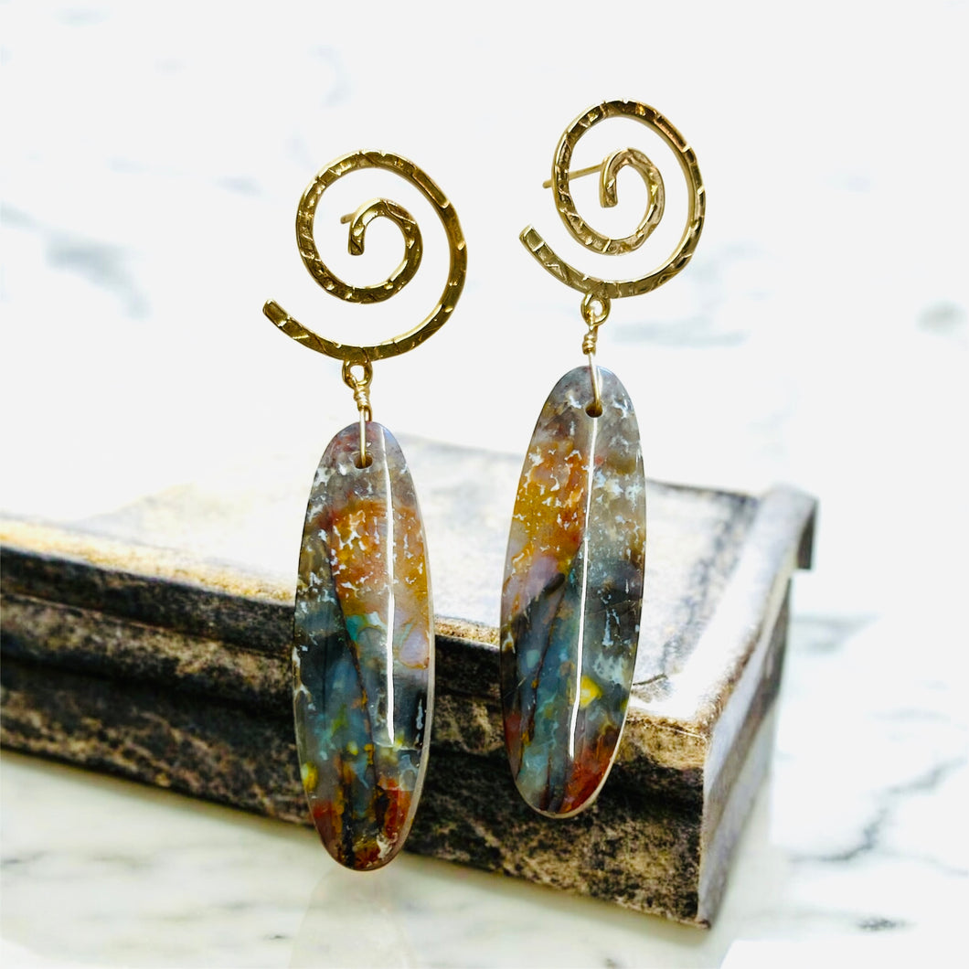 Earrings with red plume agate