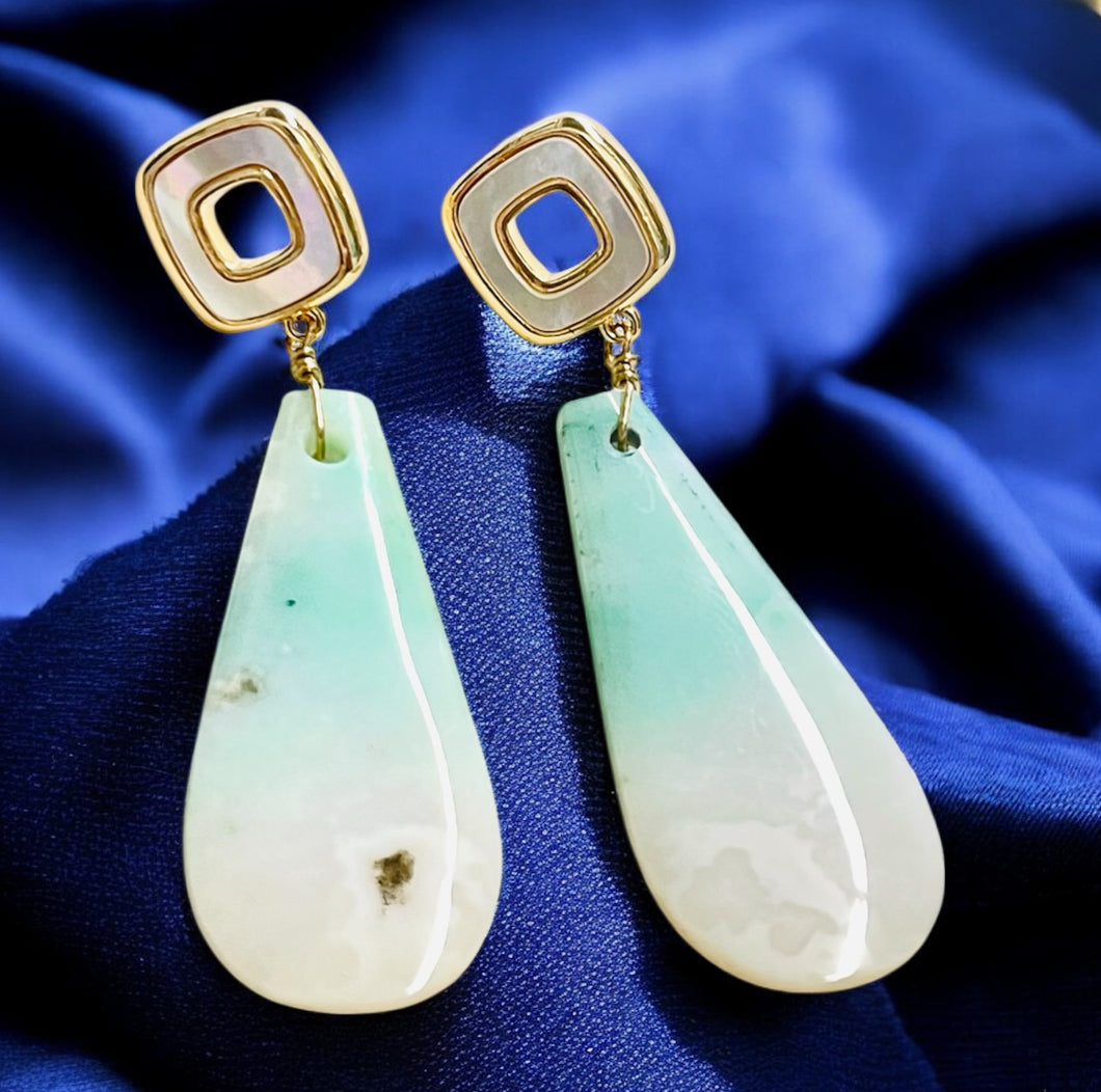 Earrings with studs and crystalized opal on petrified wood
