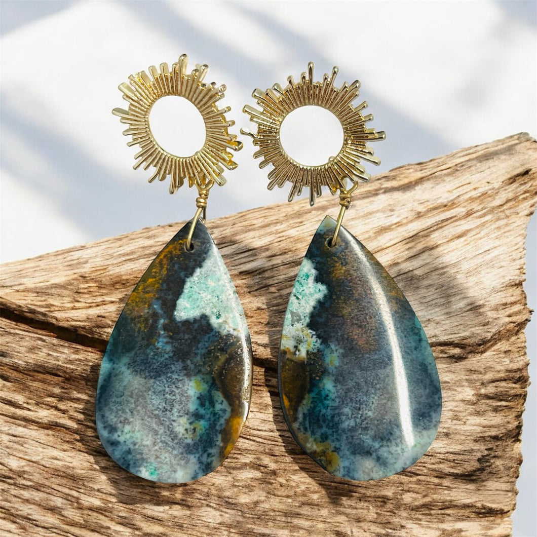 Earrings with opalized wood