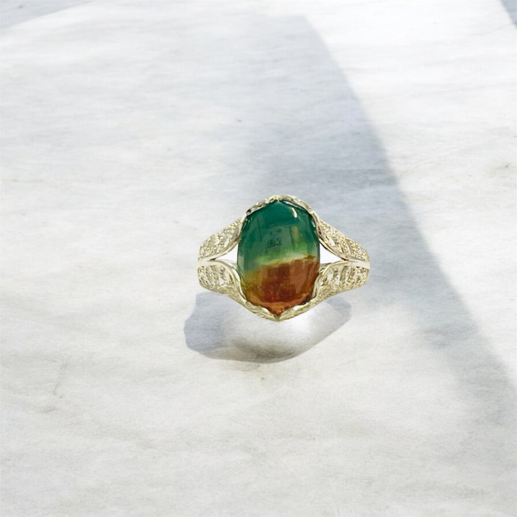 Ring with opalized petrified wood