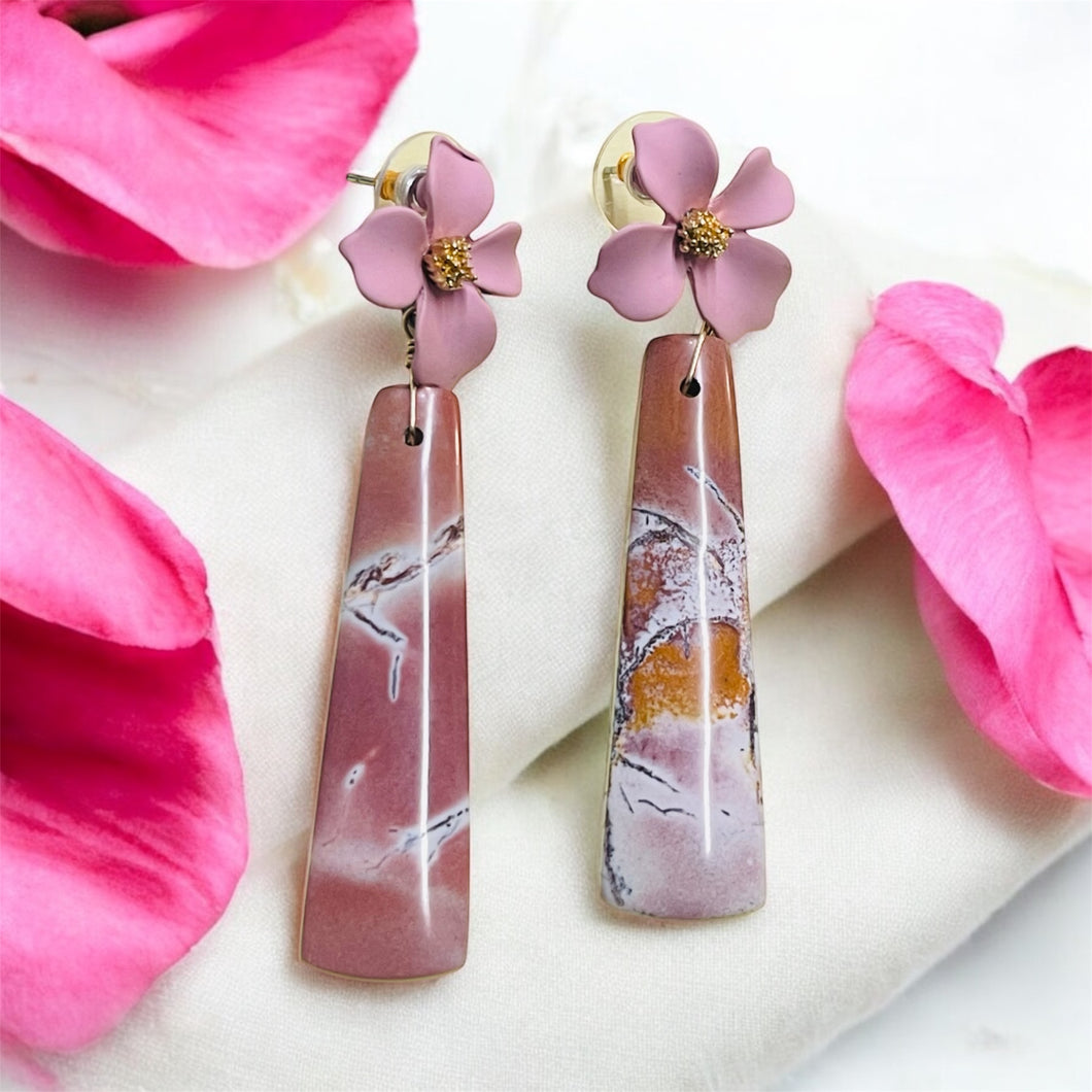 Earrings with flower studs and picture jasper