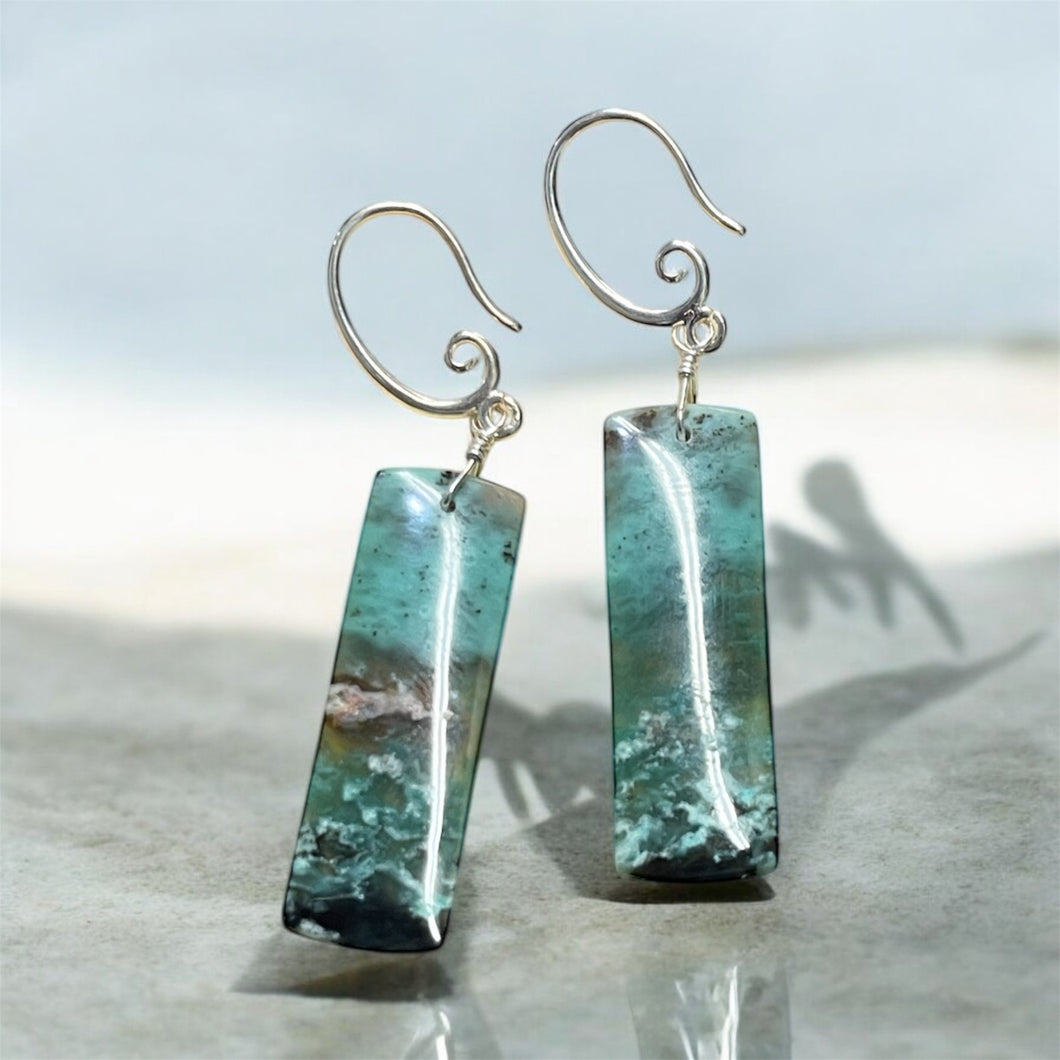 Earrings with green opalized wood