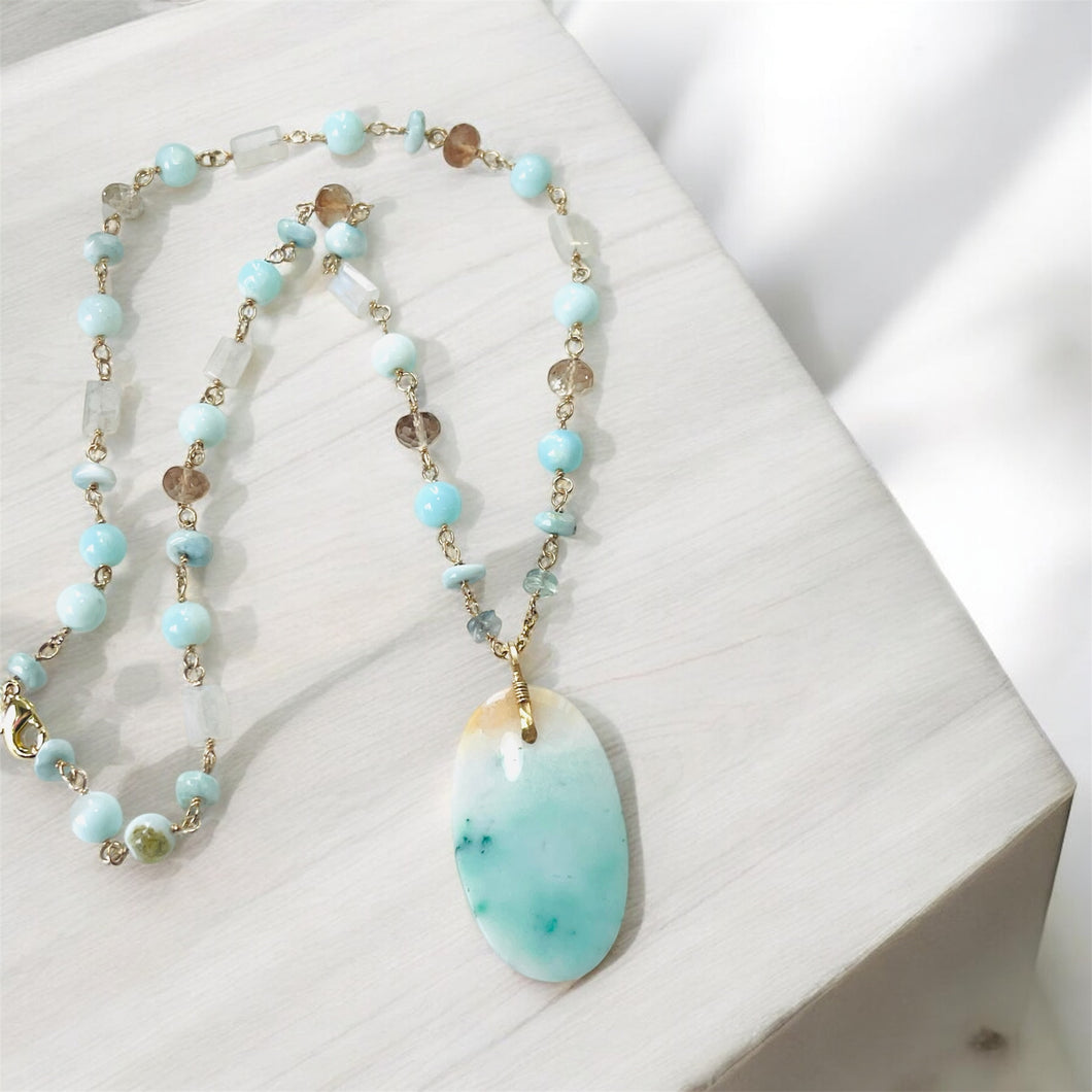 Necklace with blue petrified opalized wood