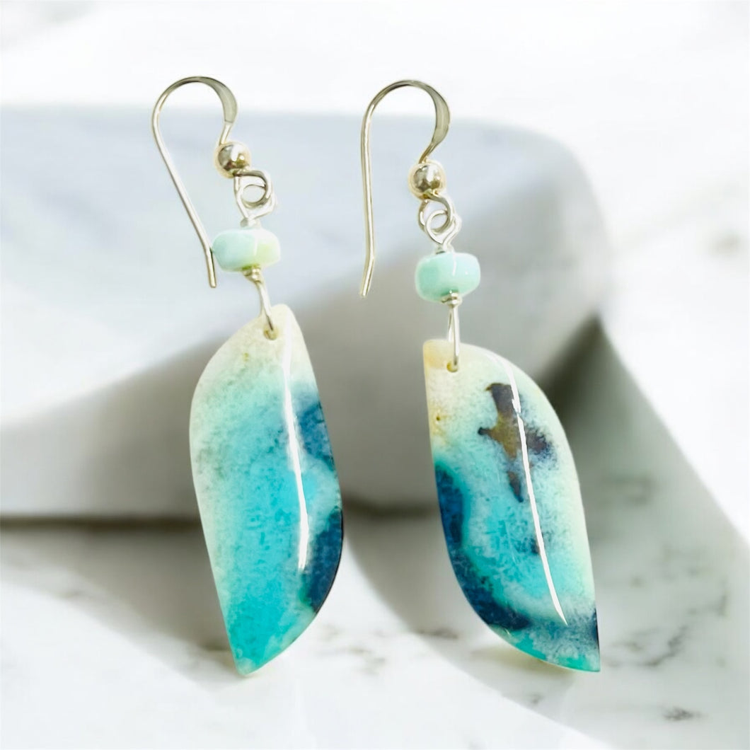 Earring with blue opal wood