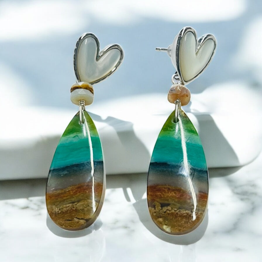 Earrings with petrified Opalized wood