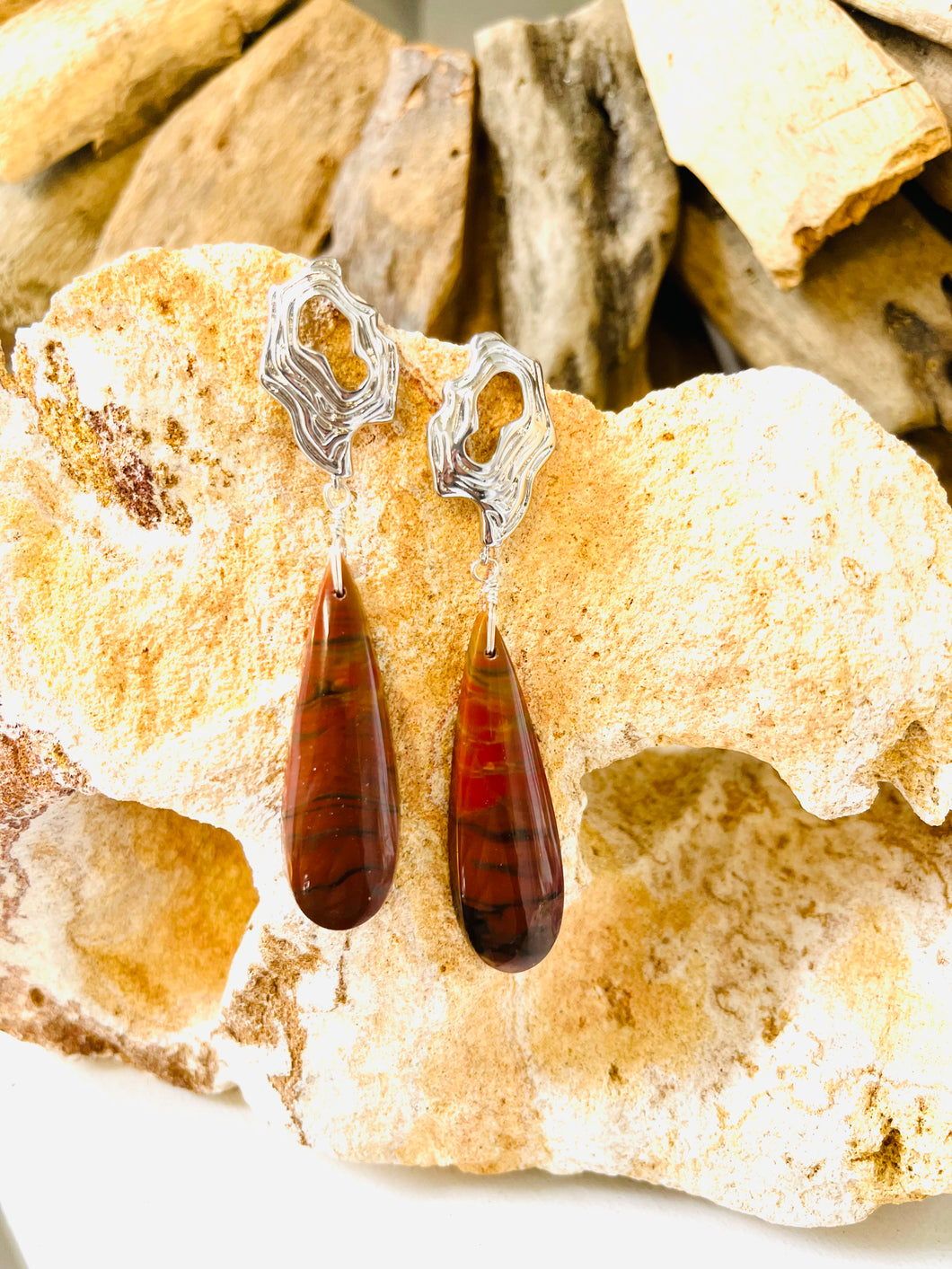 Earrings with big red jasper and studs