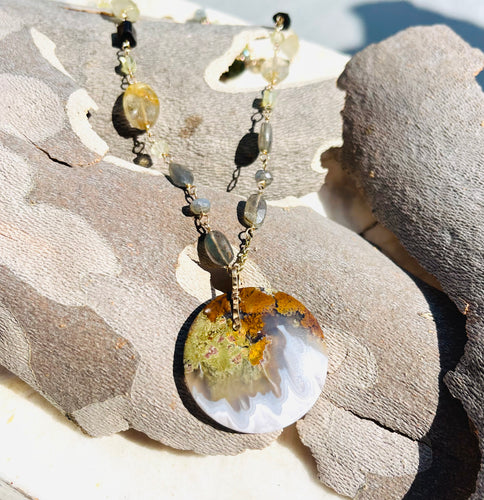 Necklace with multi color moss agate