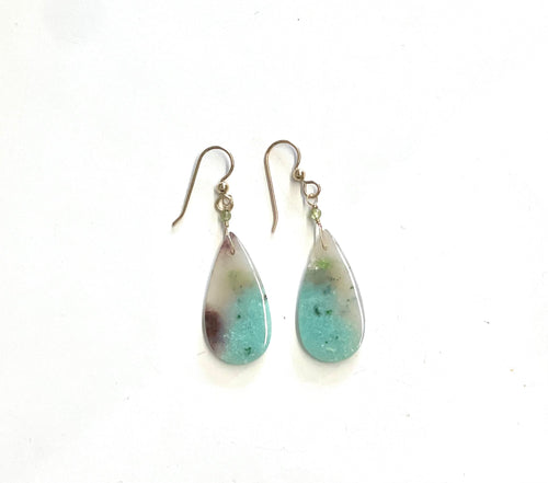 Earrings with light blue and brown opalized wood