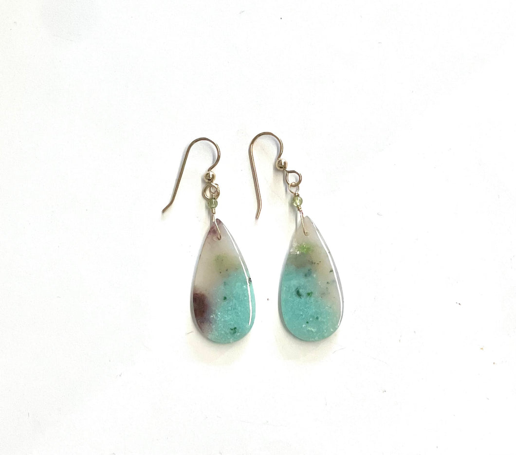 Earrings with light blue and brown opalized wood