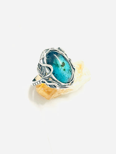 Ring with amazing silica wood cabochon