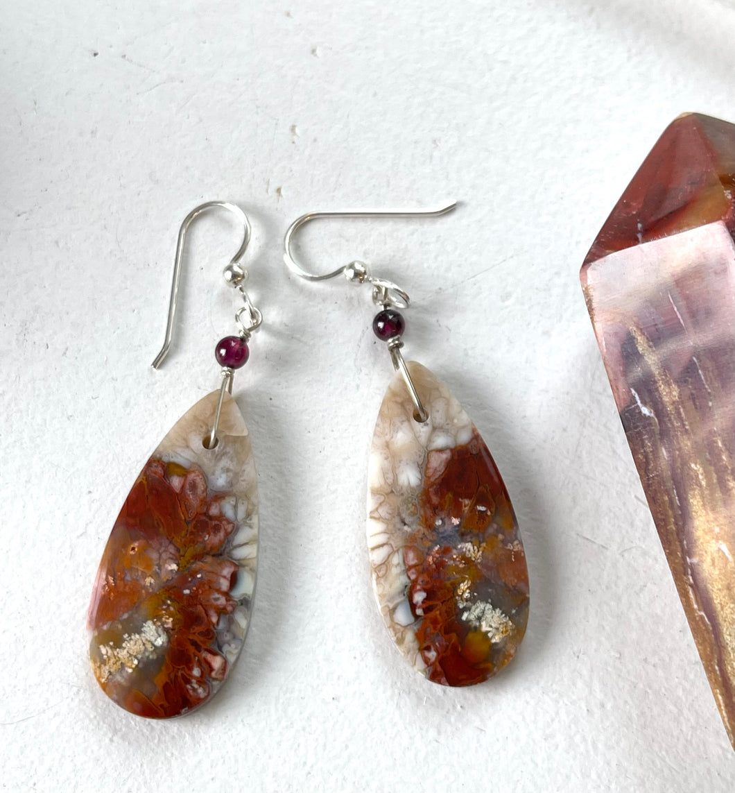Earrings with big red moss agate oval