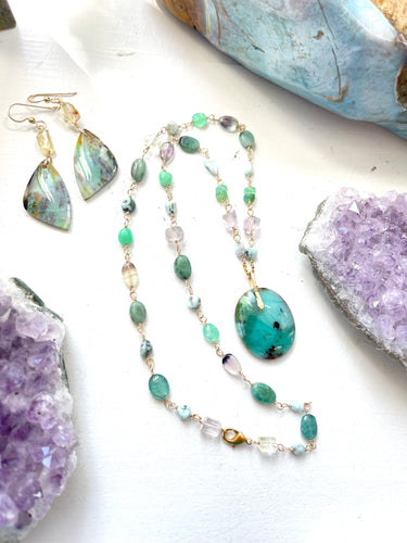 Necklace with green opal, Grandidierite, chrysoprase,Larimar, kunzite, fluoride and emeralds