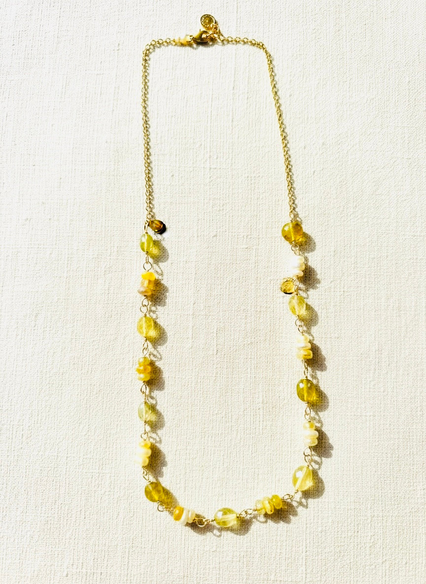 Necklace with Peridot, Glossular garnet and opals