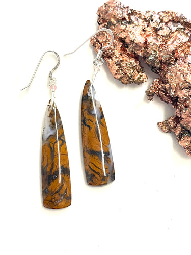 Earrings with brown petrified opalized wood