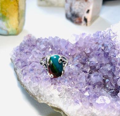 Ring with opalized petrified wood