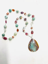 Necklace with multi green- brown colors opalized wood