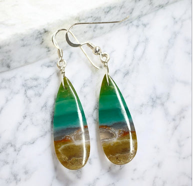 Earrings with multicolored opalized wood