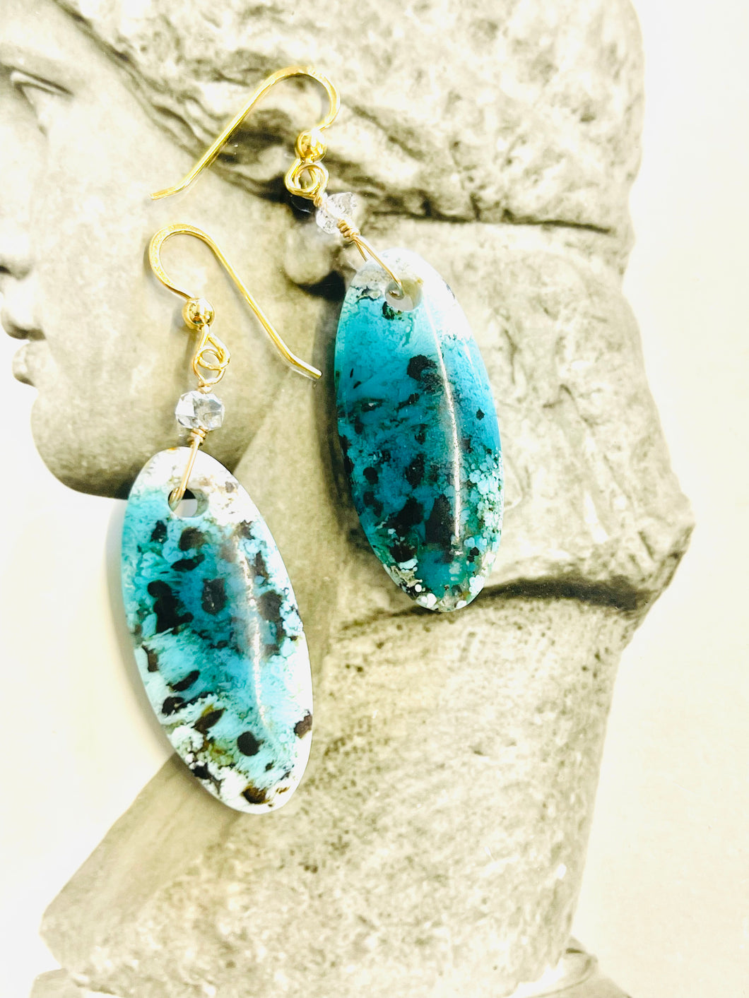 Earrings with blue green opal wood
