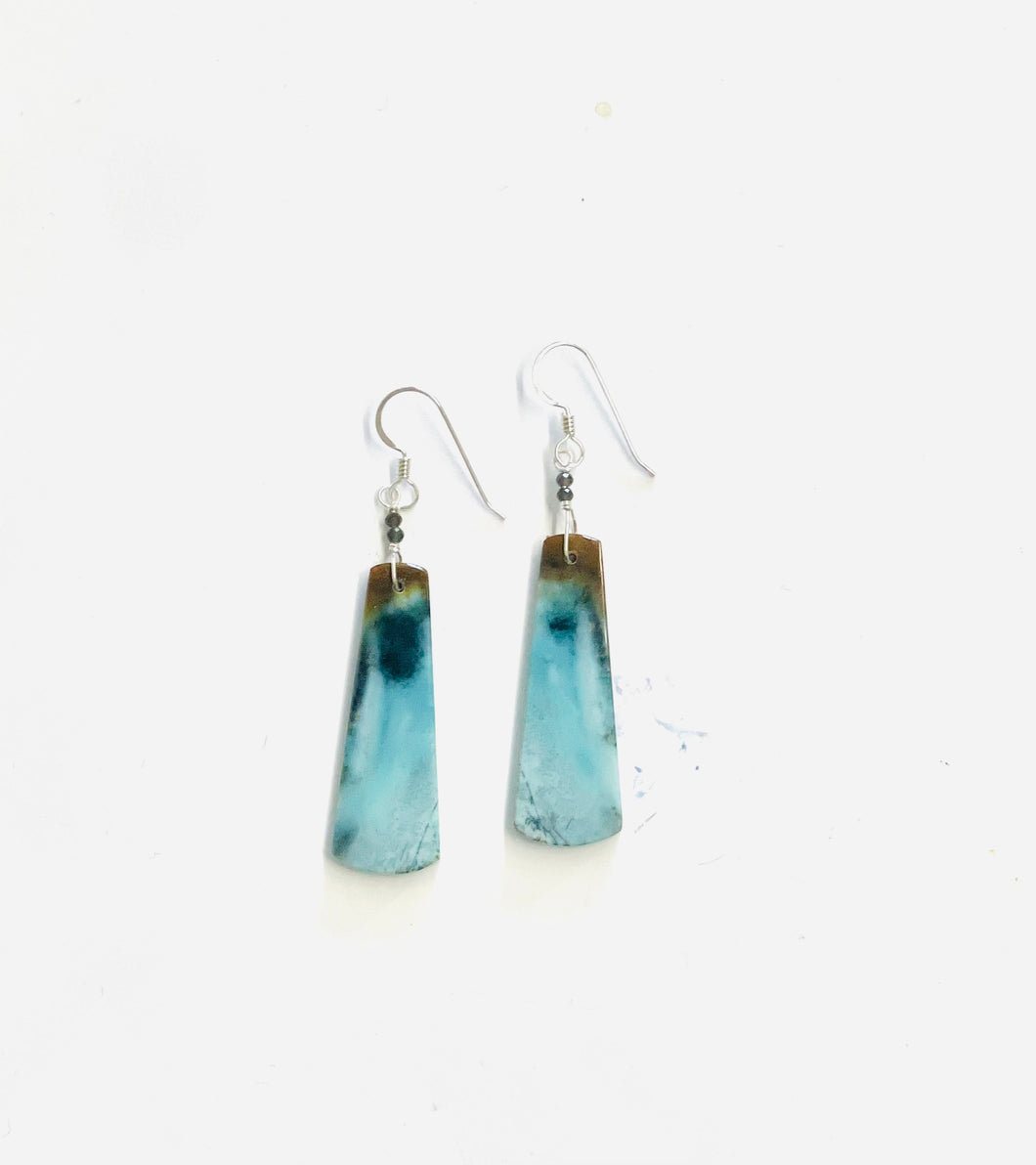 Earrings with light blue and brown opalized wood