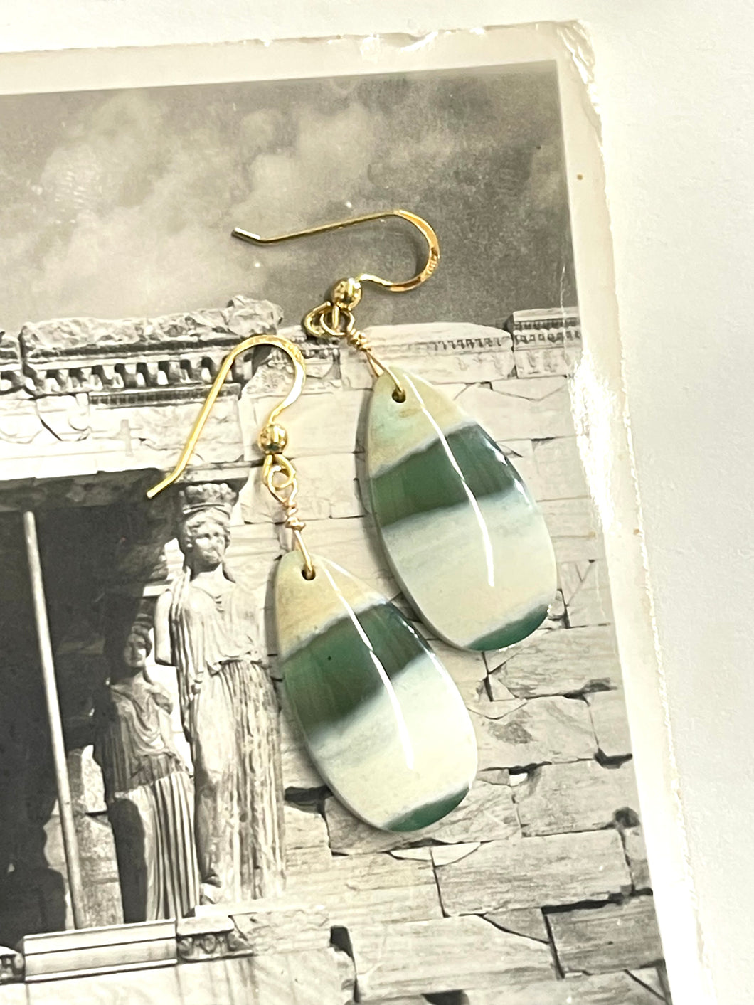 Earrings with green white yellow Opalized wood