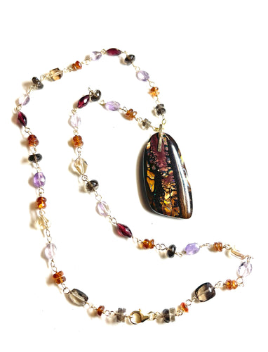 Necklace with bolder opal with purple and brown shades
