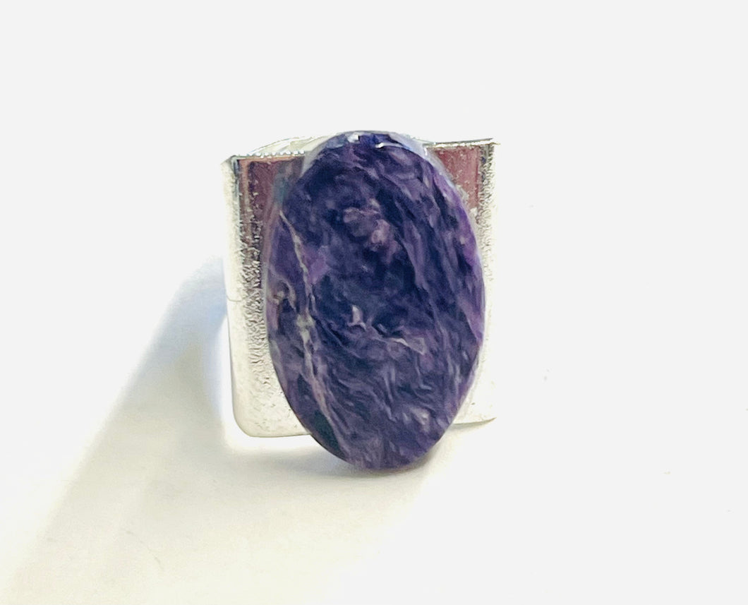 Ring with square big Charoite cabochon