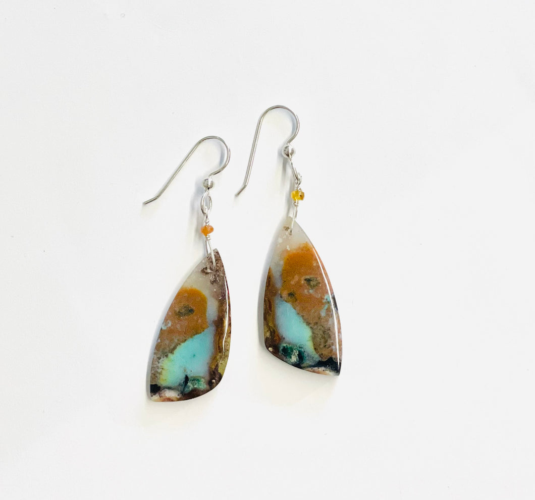 Earrings with blue-brown opalized wood