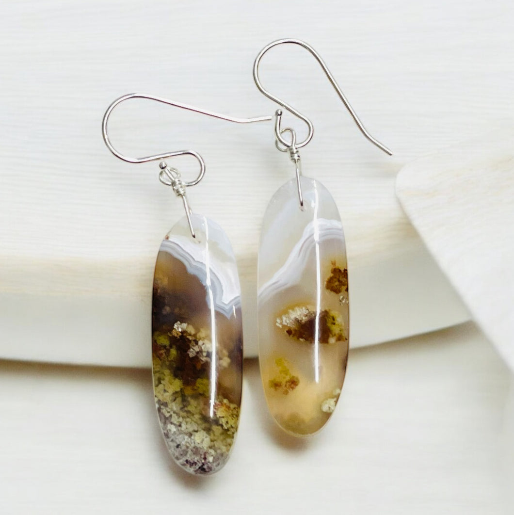 Earrings with moss agate long oval