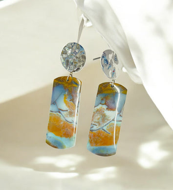 Earrings with grey, light blue and brown opalized wood