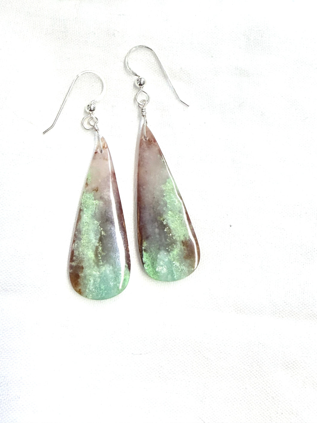 Earrings with green opalized wood