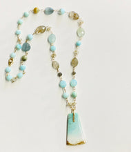 Necklace with blue opalized wood and various beads