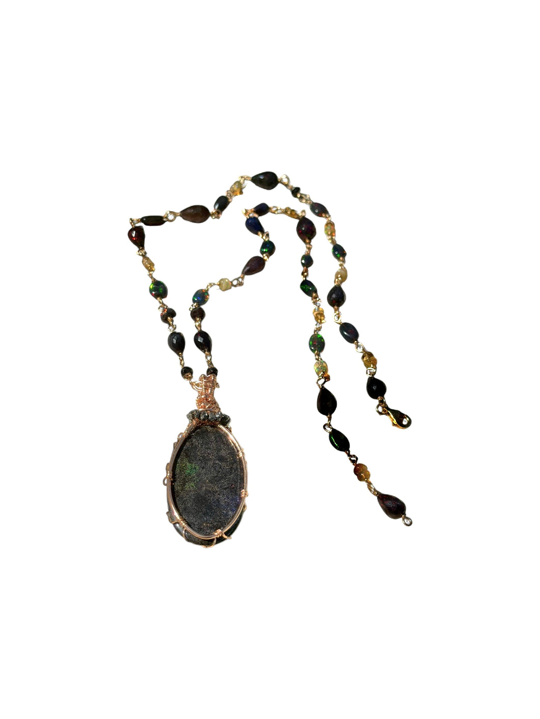 Necklace with black Kalimaya matrix opal