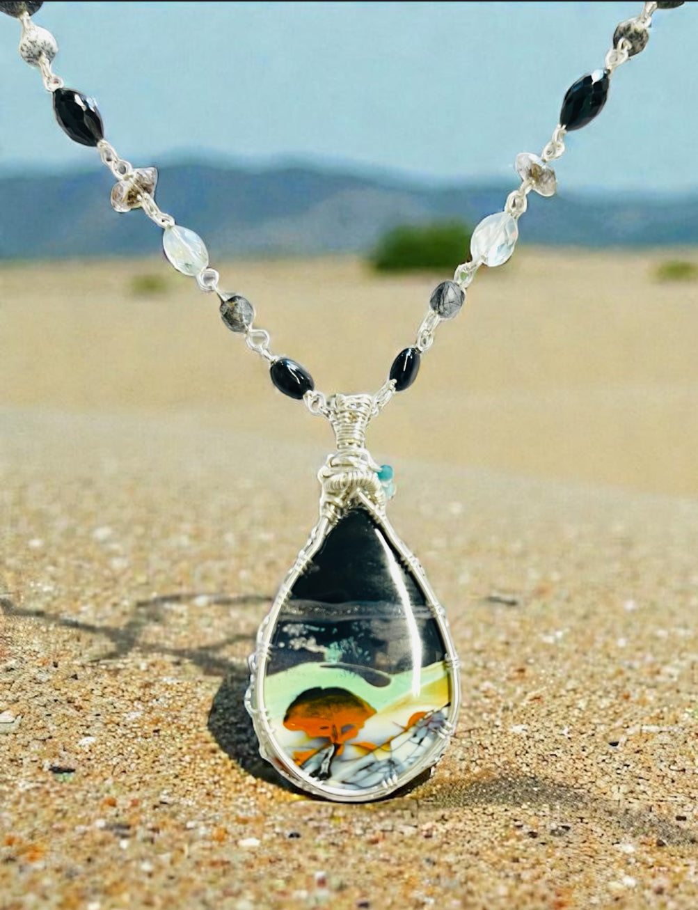 Necklace with natural opalized agatized wood