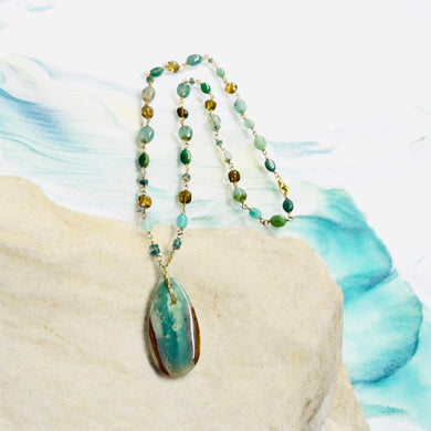 Necklace with long Opalized wood and gem stones