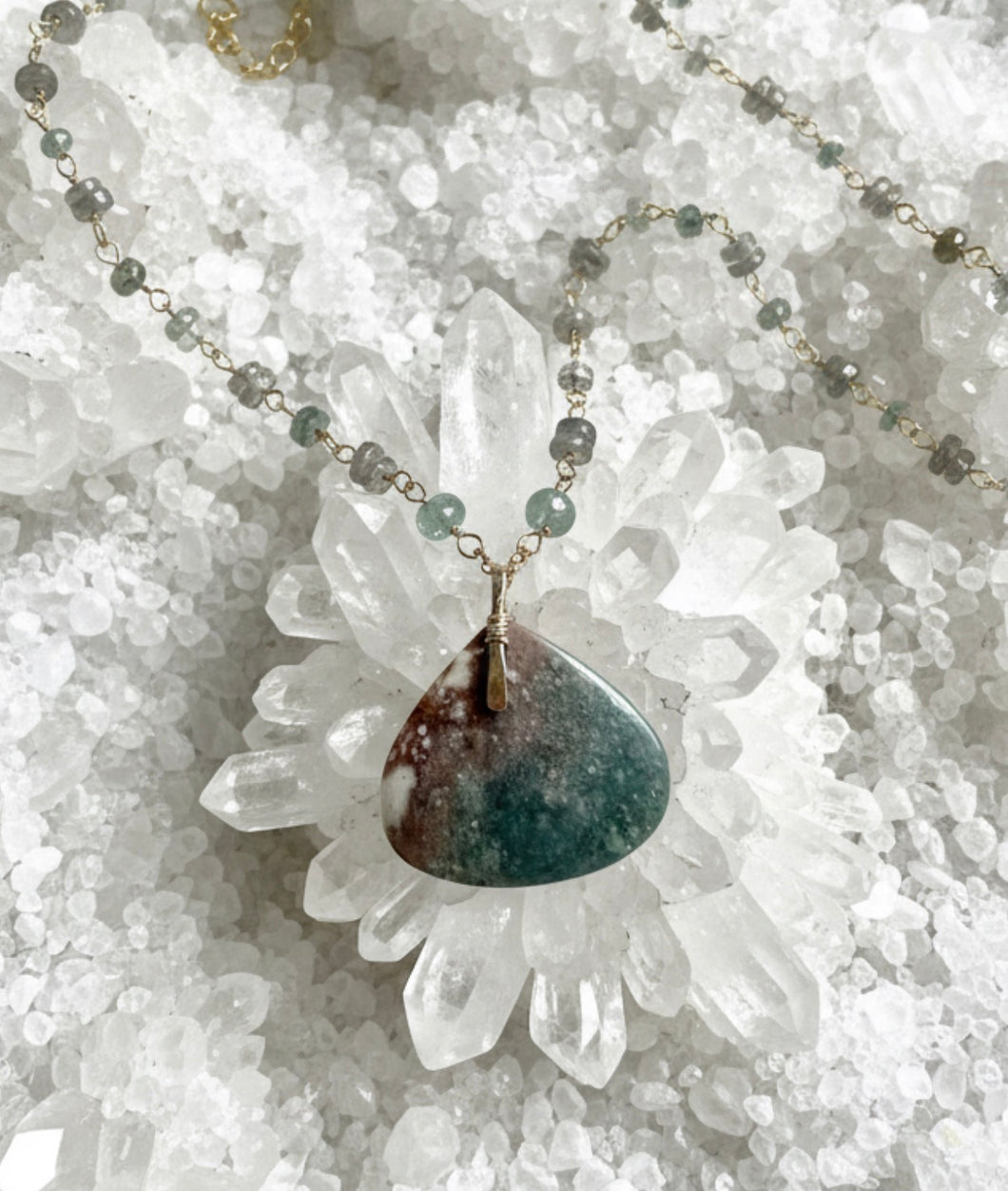 Necklace with brown green opalized wood