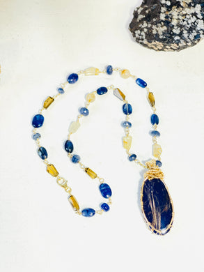 Necklace with lapis boublet Golden Rutilated Quartz and other gem stones