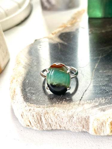 Ring with natural green opalized wood