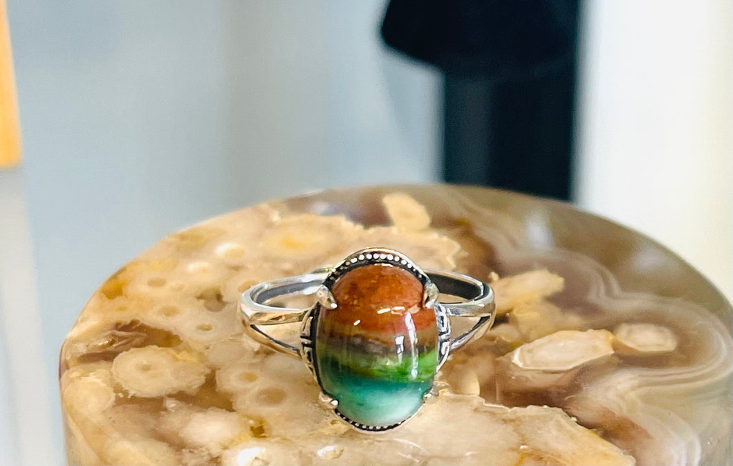Ring with natural multi opalized wood
