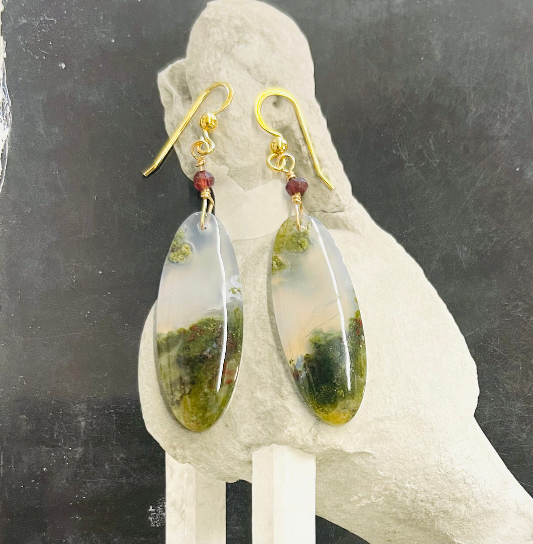 Earrings with green moss agate oval