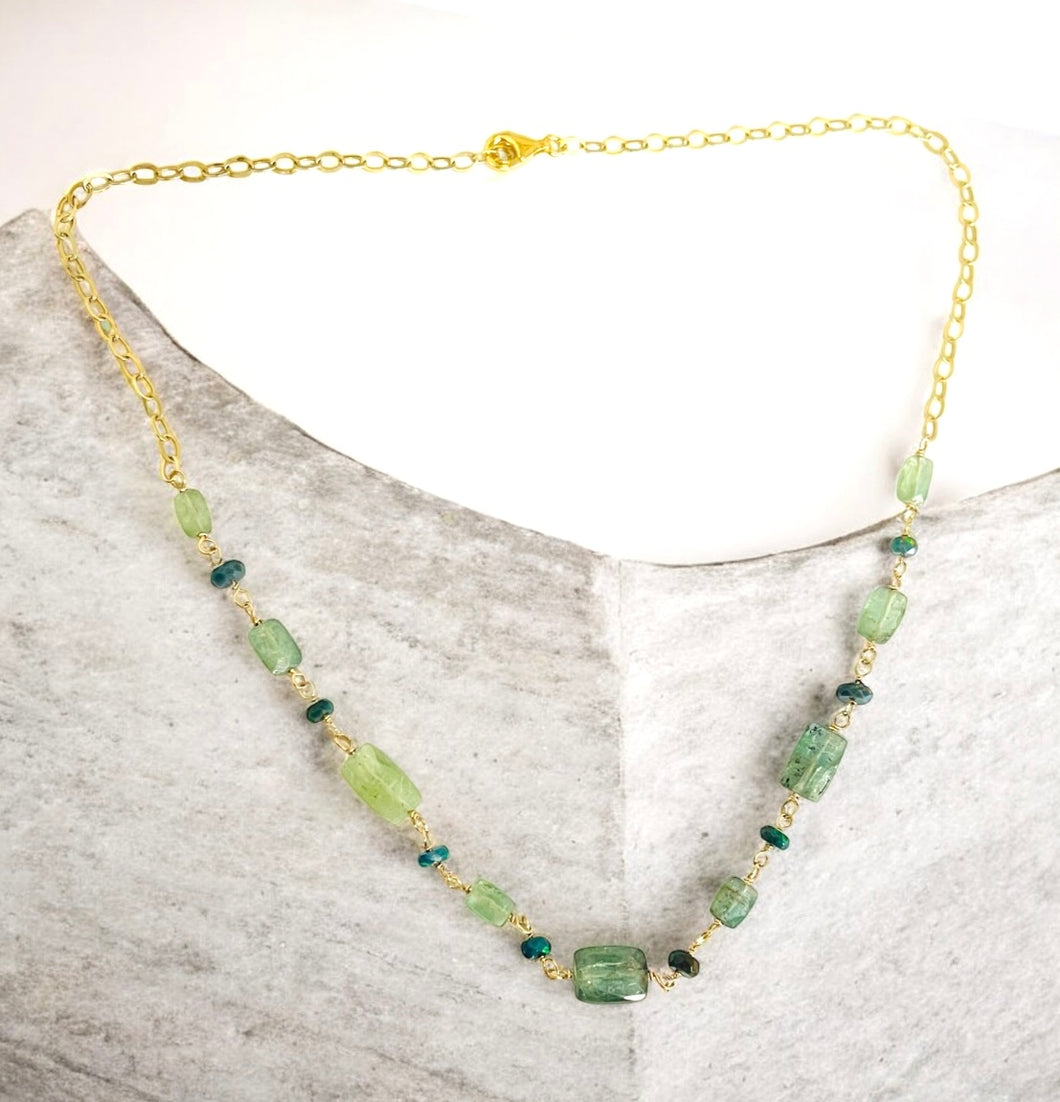 Necklace with mint Kyanite and black Ethiopian opals beads