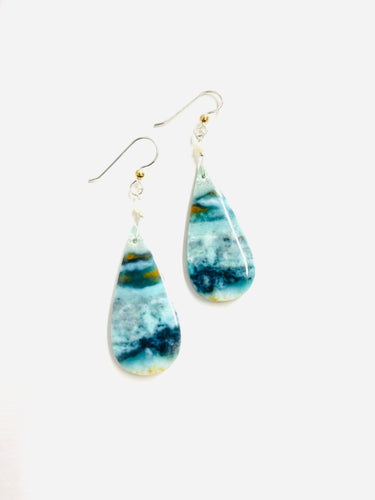 Earrings with light blue and brown opalized wood