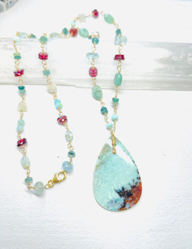 Necklace with multy color opalized wood