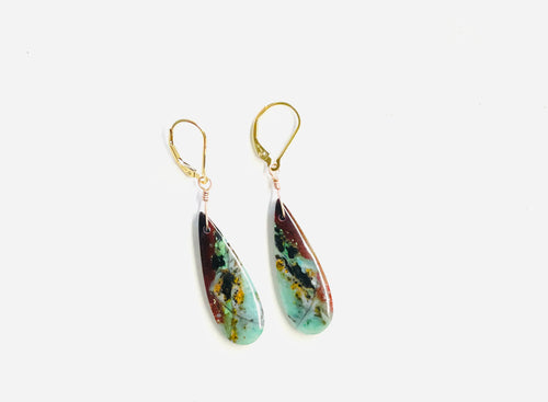 Earrings with dark opalized wood