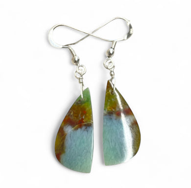 Earrings with blue and green opalized wood